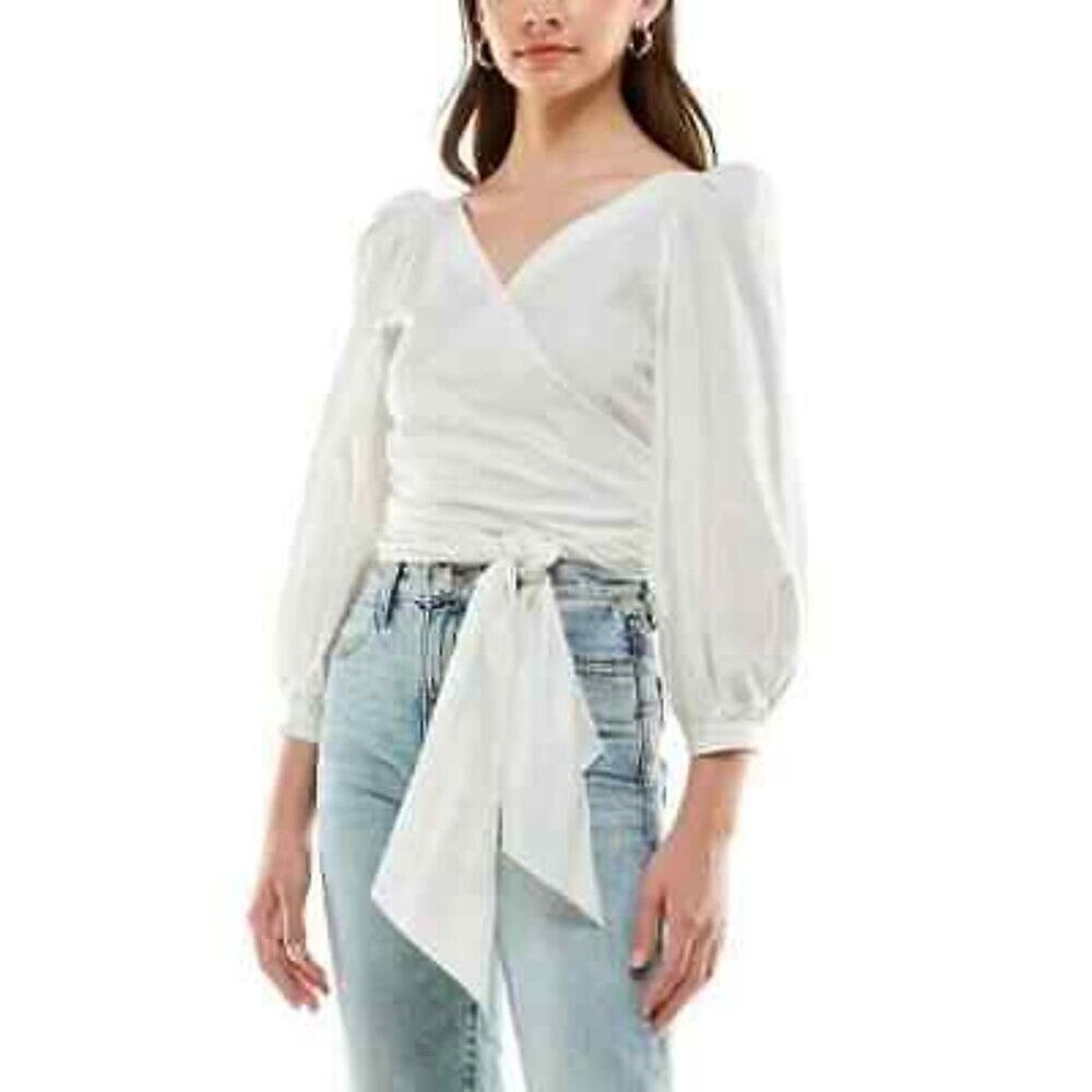 WAYF Jada Wrap Crop Top Front Tie 3/4 Puff Sleeve Size L NWT | Retail $69
